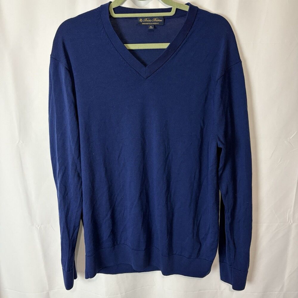 Brooks Brothers Sweater Men's XL Brookstech Merino Wool Blue V-Neck Preppy EUC‎